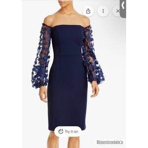 Eliza J Women's Off-the-Shoulder Blue Scuba Crepe Dress 4 3D Floral Appliqué